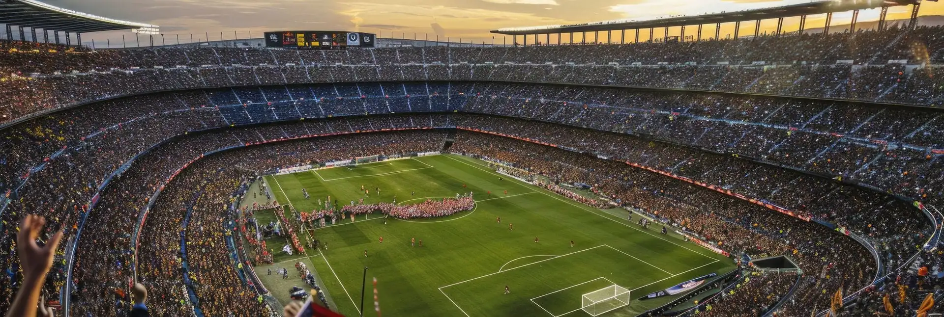 Estádio de futebol lotado ao pôr do sol